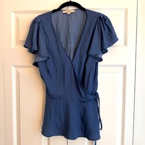 LOFT - Blue Wrap Blouse with Flutter Sleeves